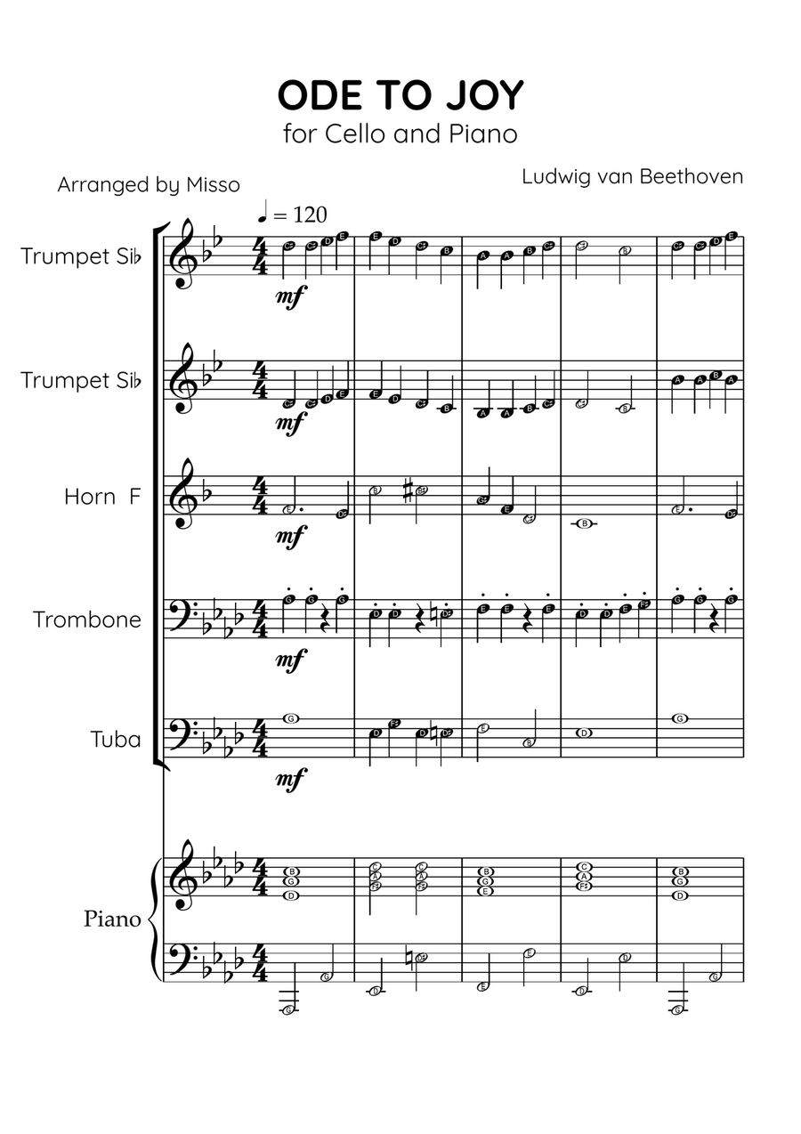 Ode To Joy - Brass Quintet and Piano in Ab Major - Beginner Level Letter Names Brass Quintet scores gallery preview page 1