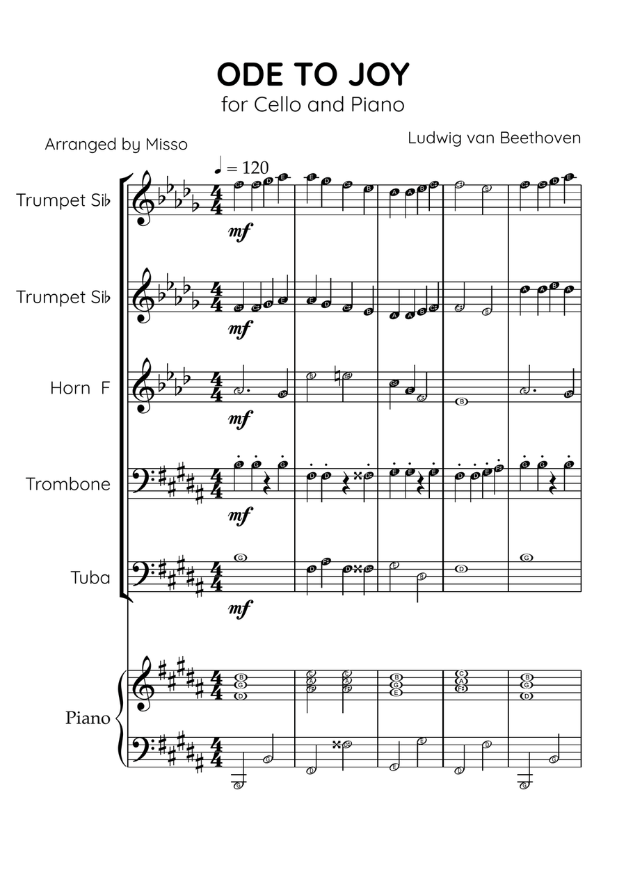 Ode To Joy - Brass Quintet and Piano in B Major - Beginner Level Letter Names Brass Quintet scores gallery preview page 1
