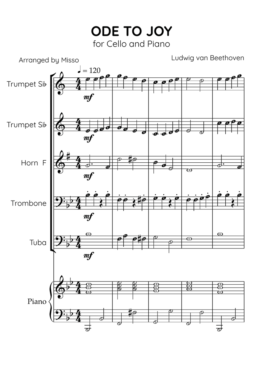 Ode To Joy - Brass Quintet and Piano in Bb Major - Beginner Level Letter Names Brass Quintet scores gallery preview page 1