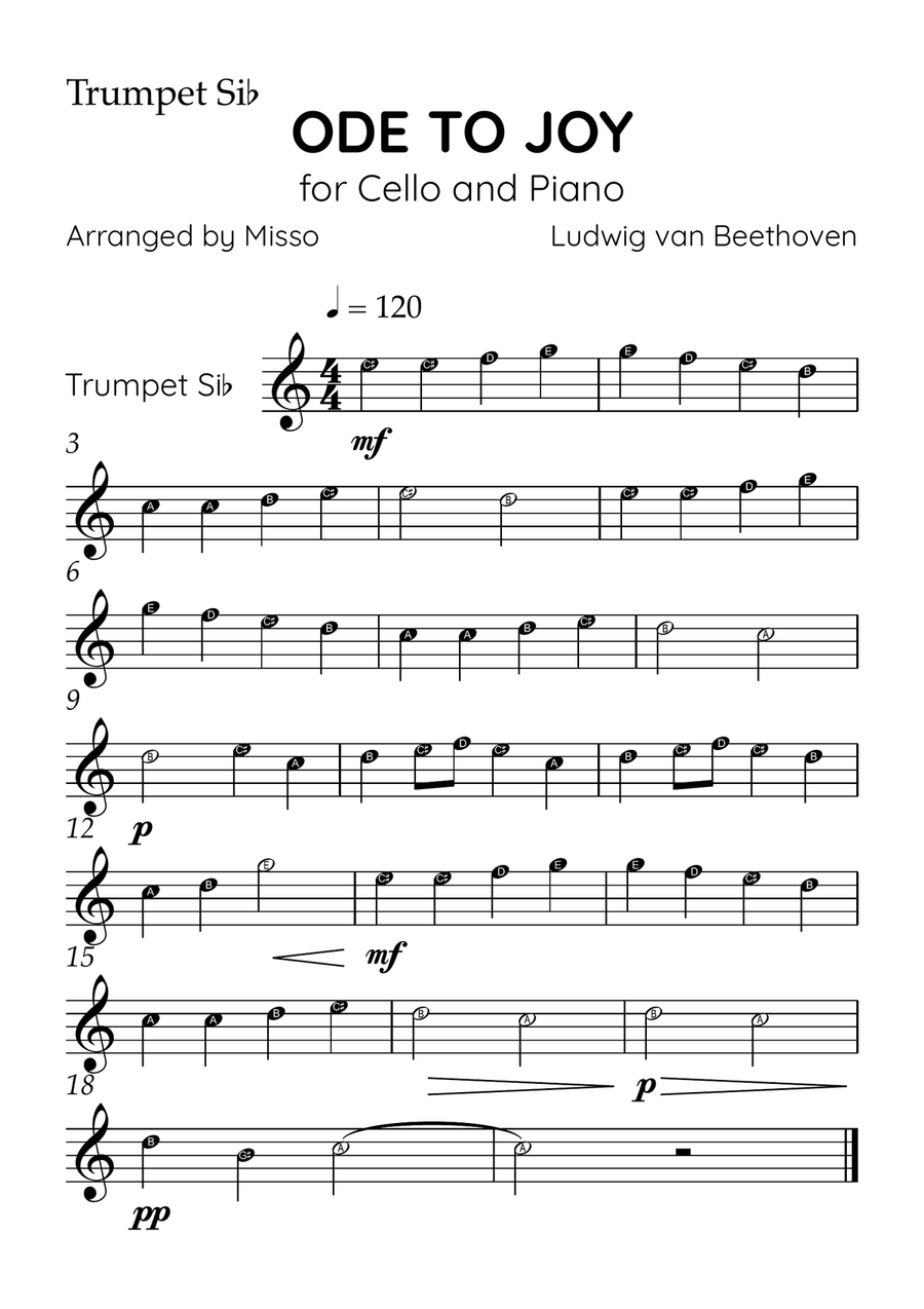 Ode To Joy - Brass Quintet and Piano in Bb Major - Beginner Level Letter Names Brass Quintet scores gallery preview page 5