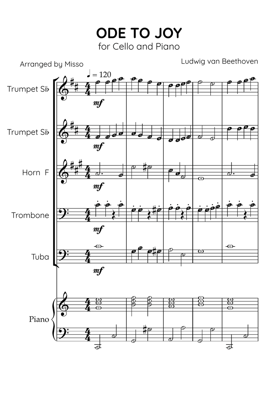 Ode To Joy - Brass Quintet and Piano in C Major - Beginner Level Letter Names Brass Quintet scores gallery preview page 1