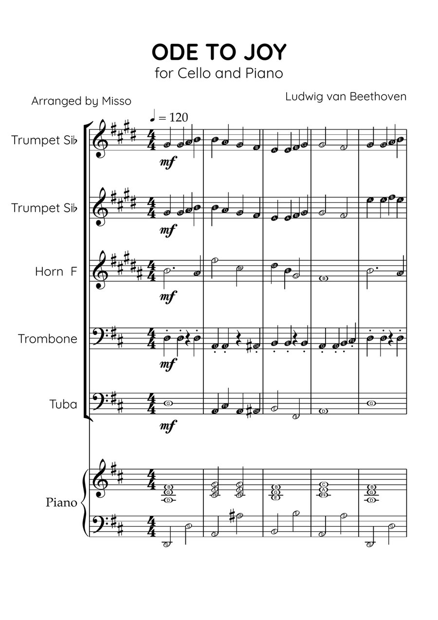 Ode To Joy - Brass Quintet and Piano in D Major - Beginner Level Letter Names Brass Quintet scores gallery preview page 1