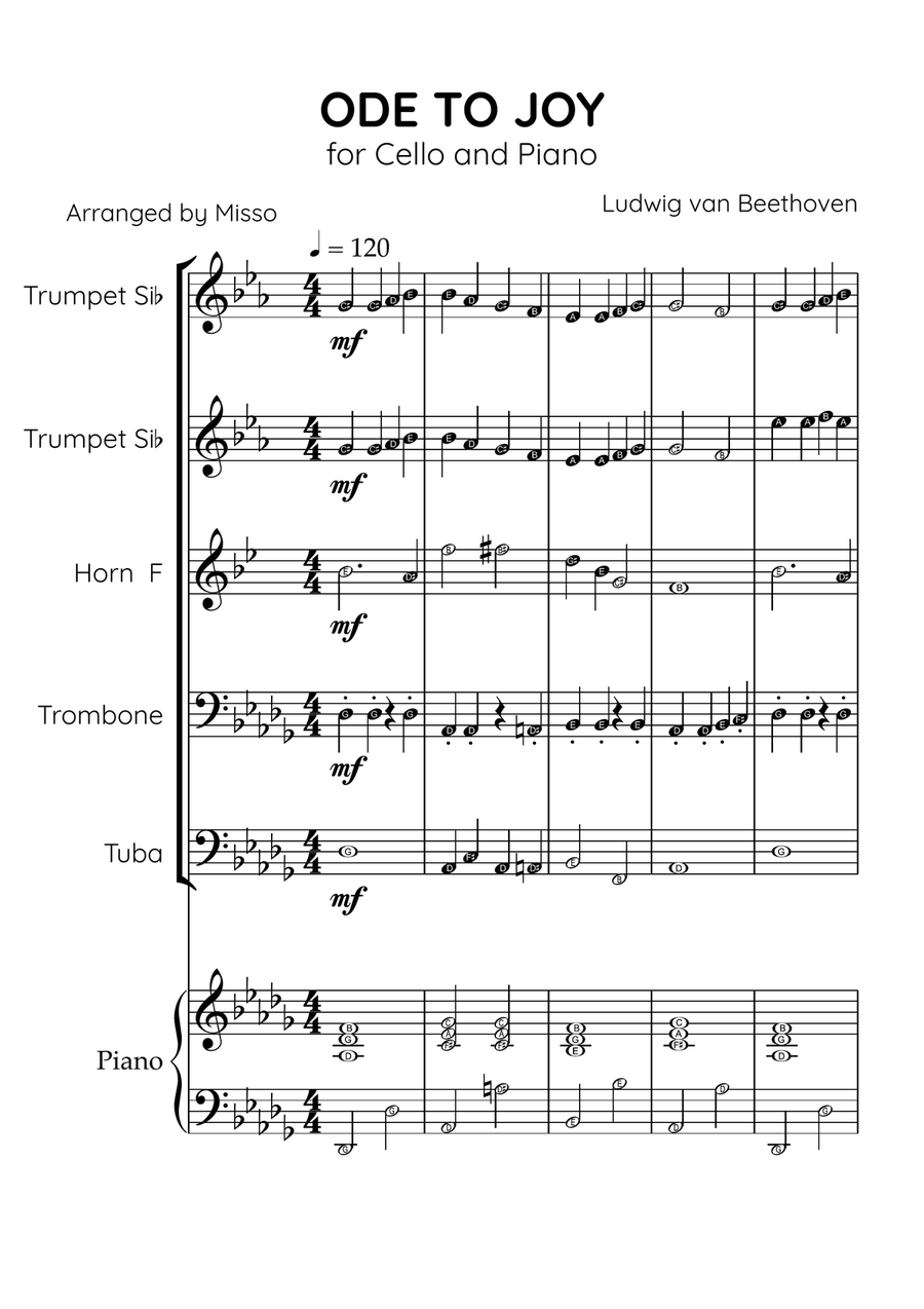 Ode To Joy - Brass Quintet and Piano in Db Major - Beginner Level Letter Names Brass Quintet scores gallery preview page 1
