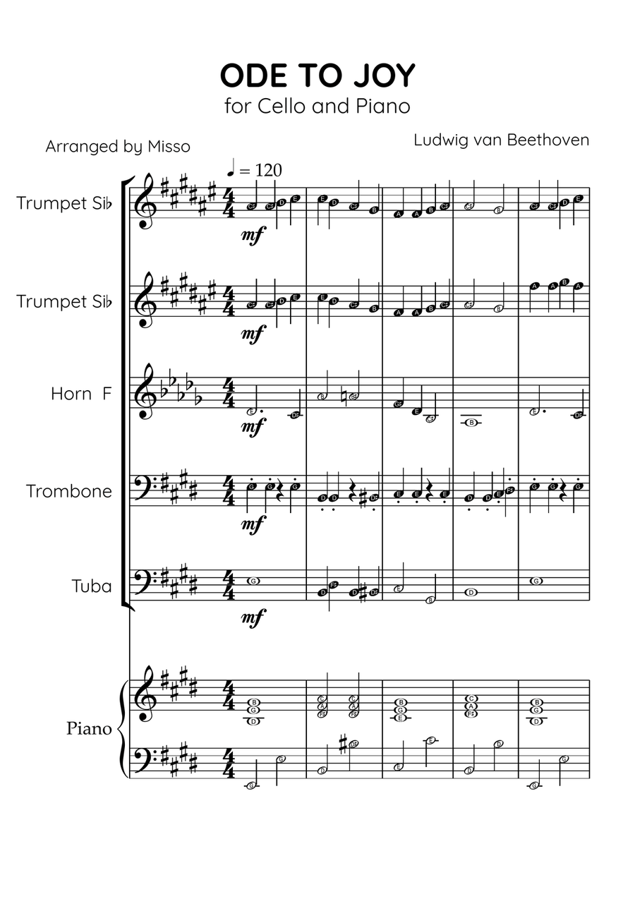 Ode To Joy - Brass Quintet and Piano in E Major - Beginner Level Letter Names Brass Quintet scores gallery preview page 1