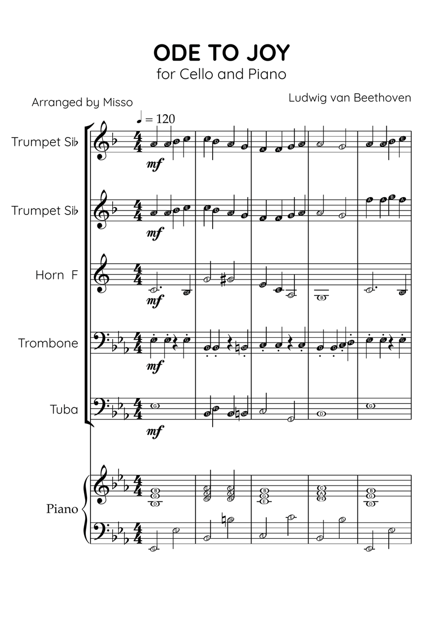 Ode To Joy - Brass Quintet in Eb Major - Beginner Level Letter Names Brass Quintet scores gallery preview page 1