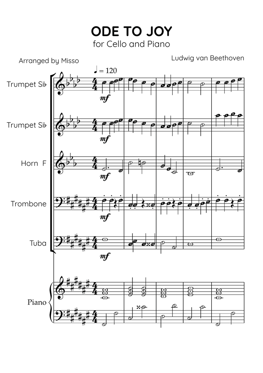 Ode To Joy - Brass Quintet in F# Major - Beginner Level Letter Names Brass Quintet scores gallery preview page 1