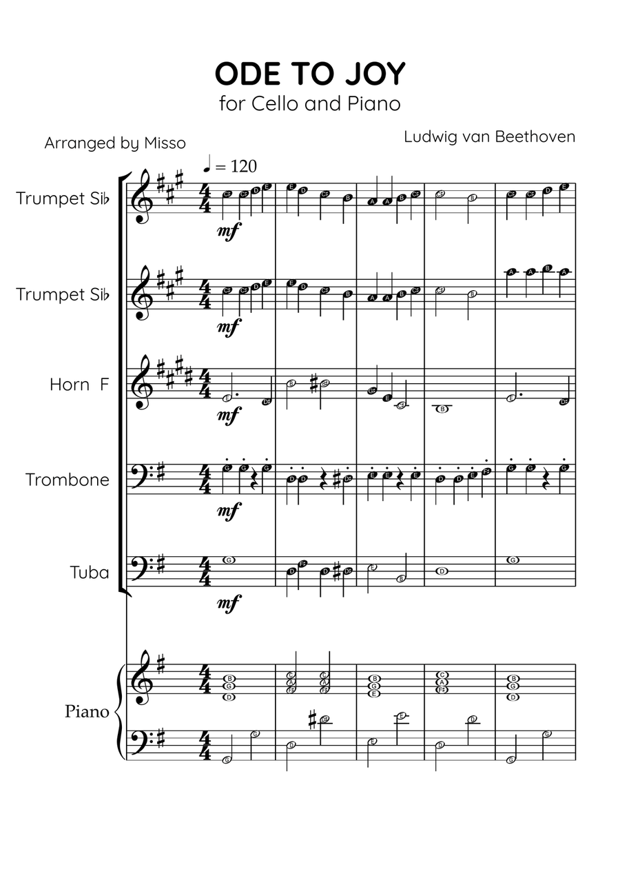 Ode To Joy - Brass Quintet in G Major - Beginner Level Letter Names Brass Quintet scores gallery preview page 1