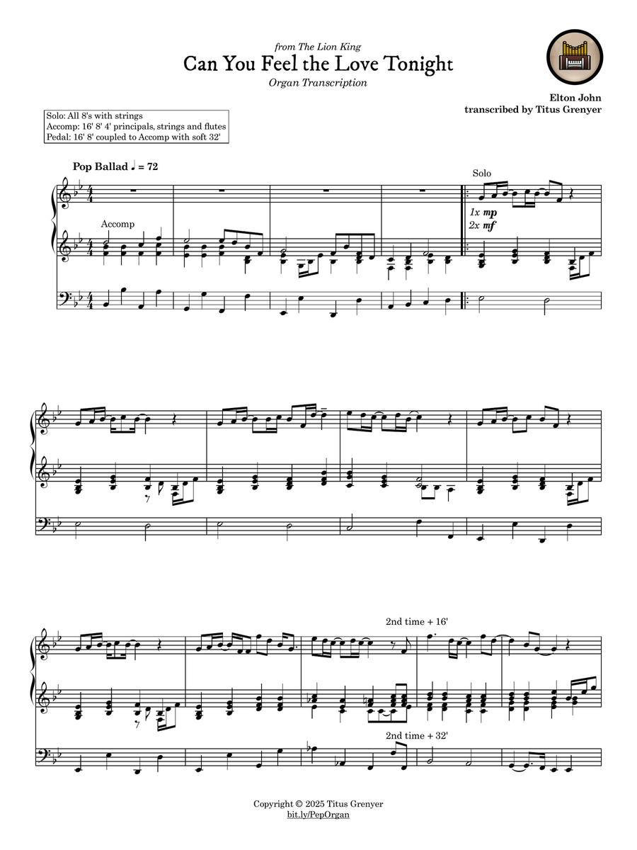 Can You Feel The Love Tonight Organ Solo scores gallery preview page 1