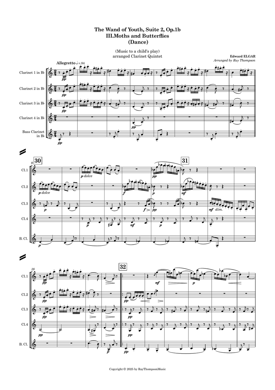 Elgar: The Wand of Youth, Suite 2, Op.1b III.Moths and Butterflies (Dance) - clarinet quintet Clarinet Quintet scores gallery preview page 2