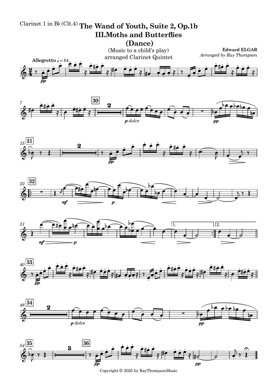 Elgar: The Wand of Youth, Suite 2, Op.1b III.Moths and Butterflies (Dance) - clarinet quintet Clarinet Quintet scores gallery preview page 4