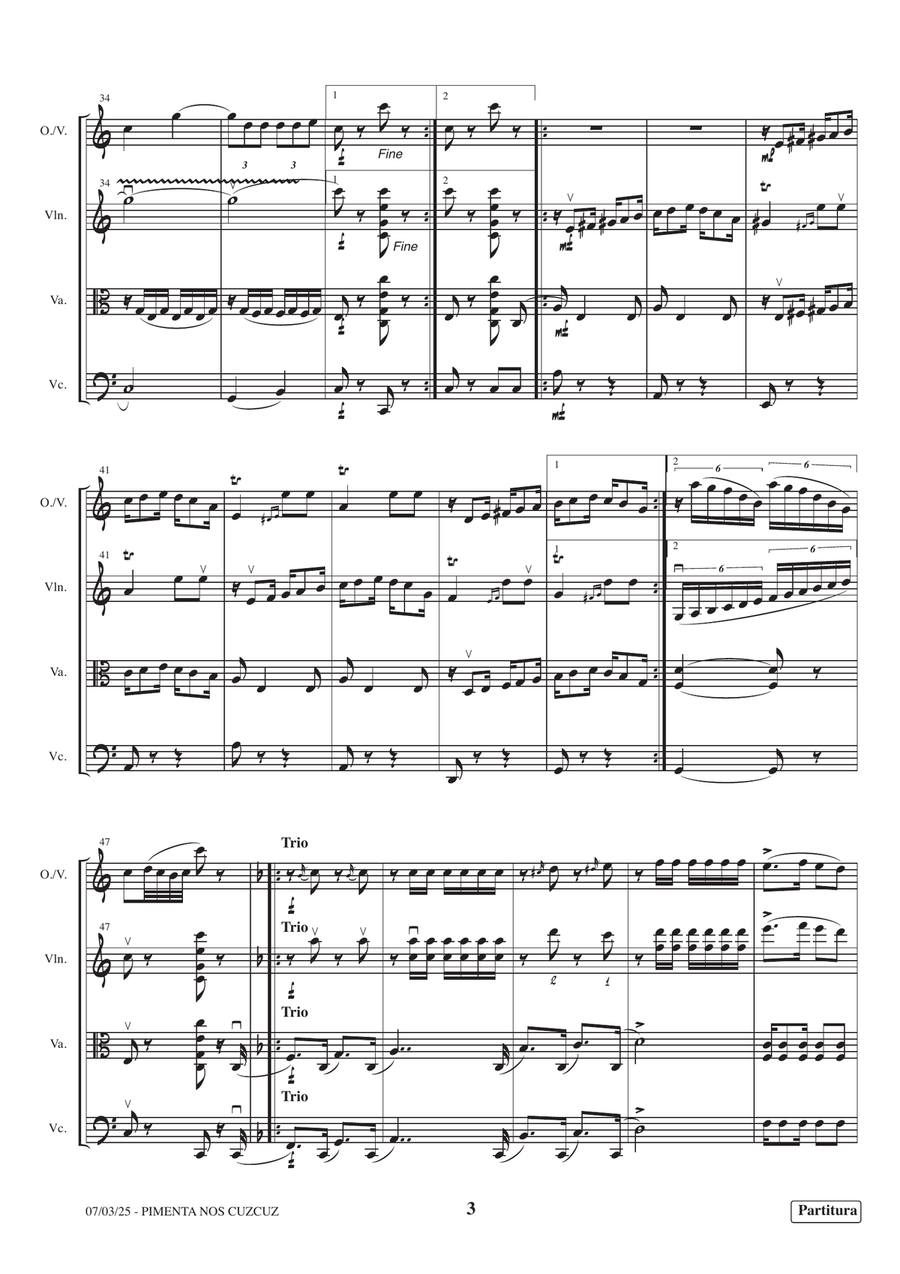 Ettore Bosio: Pimenta nos cuzcuz, for quartet (oboe/violin and string trio). Ed. Zoltan Paulinyi. Small Ensemble scores gallery preview page 3