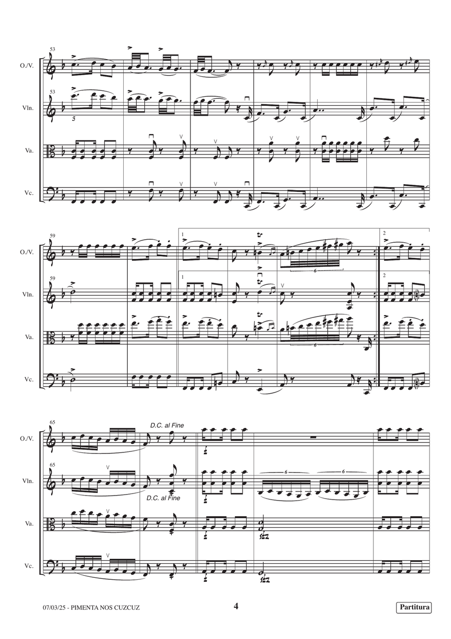 Ettore Bosio: Pimenta nos cuzcuz, for quartet (oboe/violin and string trio). Ed. Zoltan Paulinyi. Small Ensemble scores gallery preview page 4