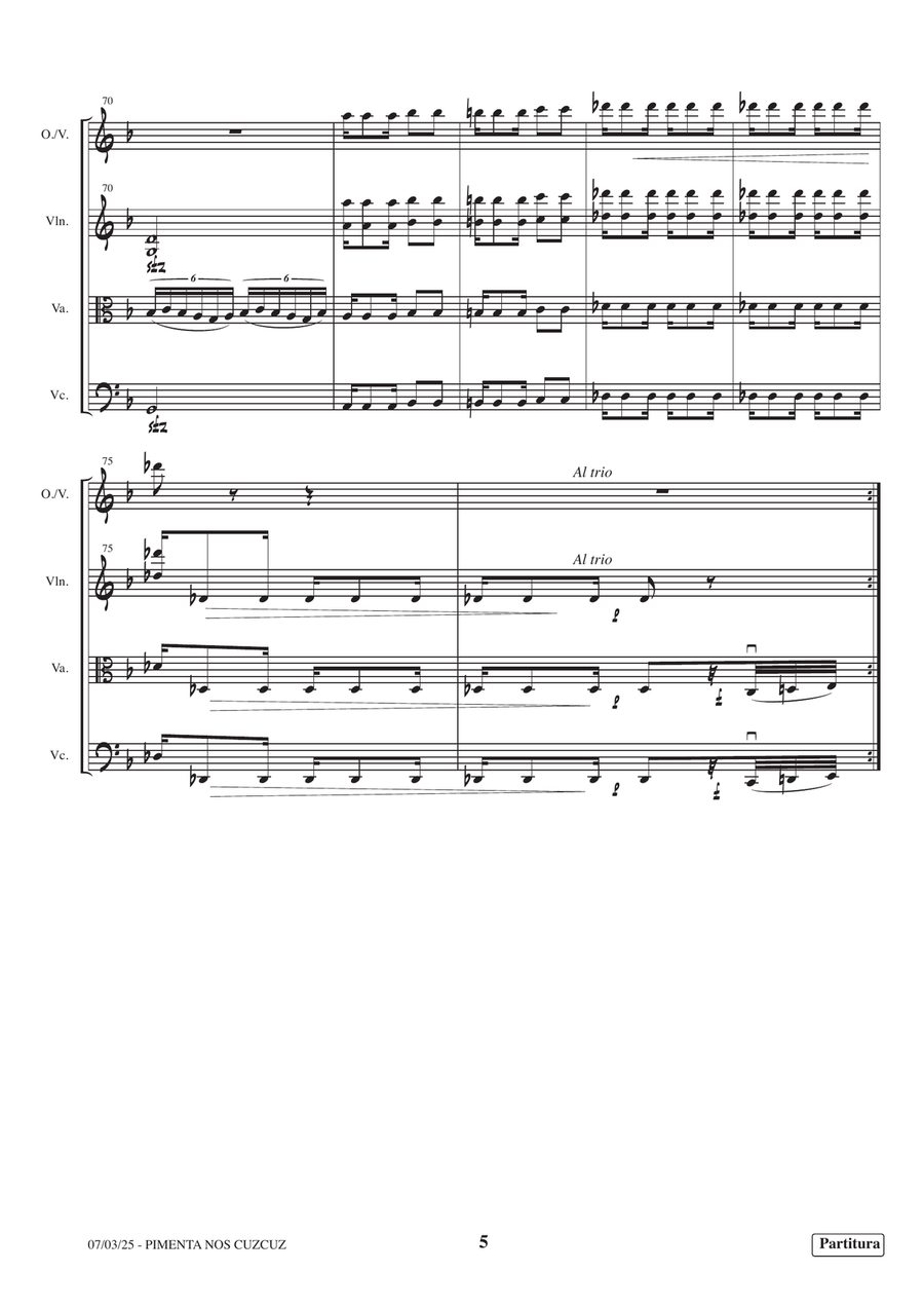 Ettore Bosio: Pimenta nos cuzcuz, for quartet (oboe/violin and string trio). Ed. Zoltan Paulinyi. Small Ensemble scores gallery preview page 5