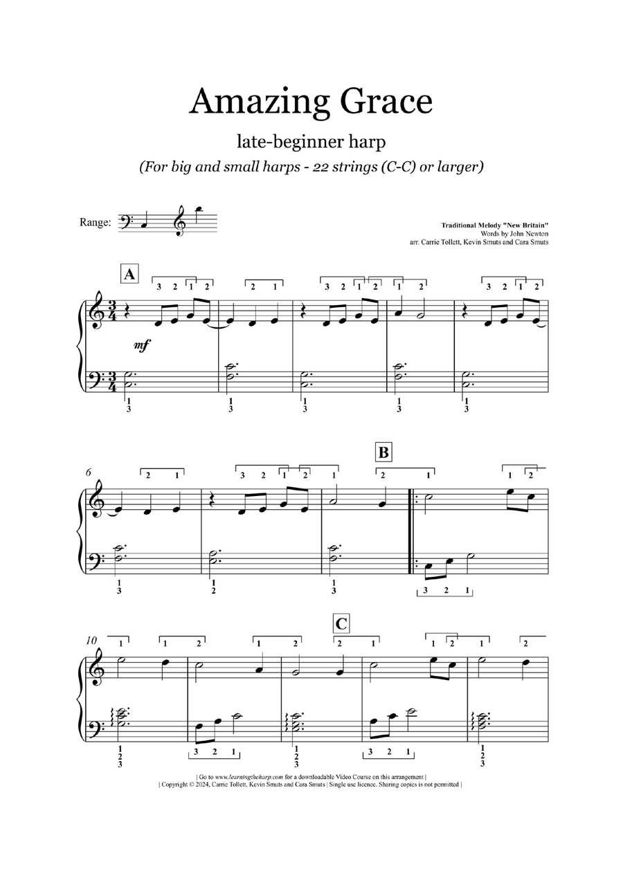 Amazing Grace - Late Beginner for Harp Celtic Harp scores gallery preview page 2
