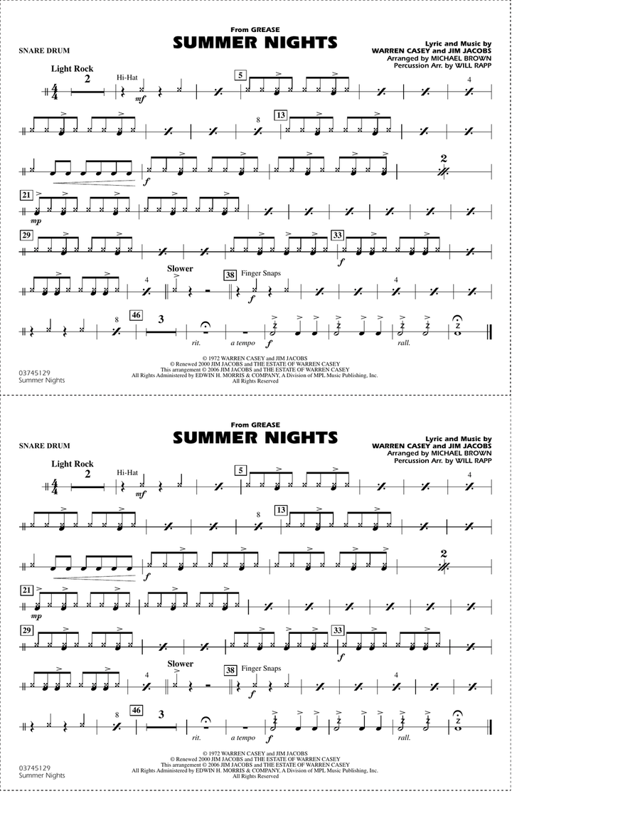 Summer Nights (from Grease) (arr. Michael Brown) - Snare Drum Marching Band scores gallery preview page 1