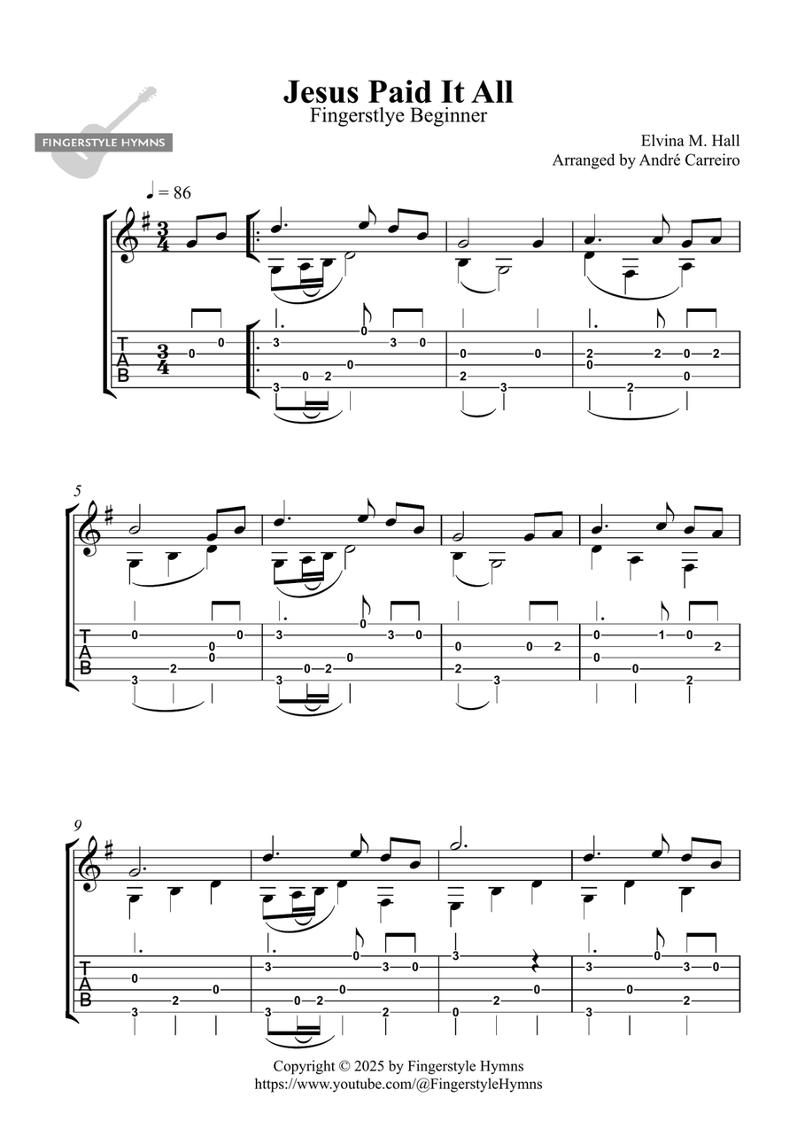 Jesus Paid it All - Fingerstyle Guitar (Beginner) Acoustic Guitar scores gallery preview page 1