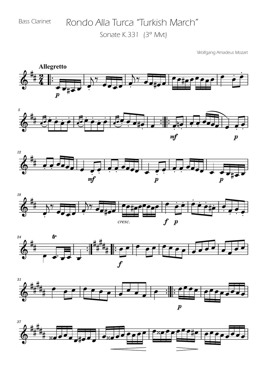 Turkish March - Bass Clarinet Solo Bass Clarinet scores gallery preview page 1