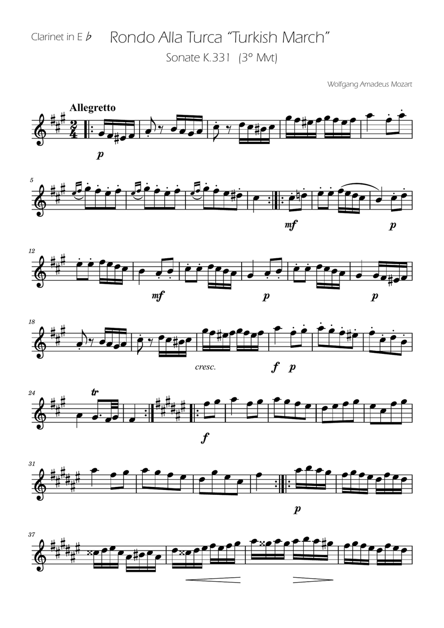 Turkish March - Clarinet in Eb Solo E-Flat Clarinet scores gallery preview page 1