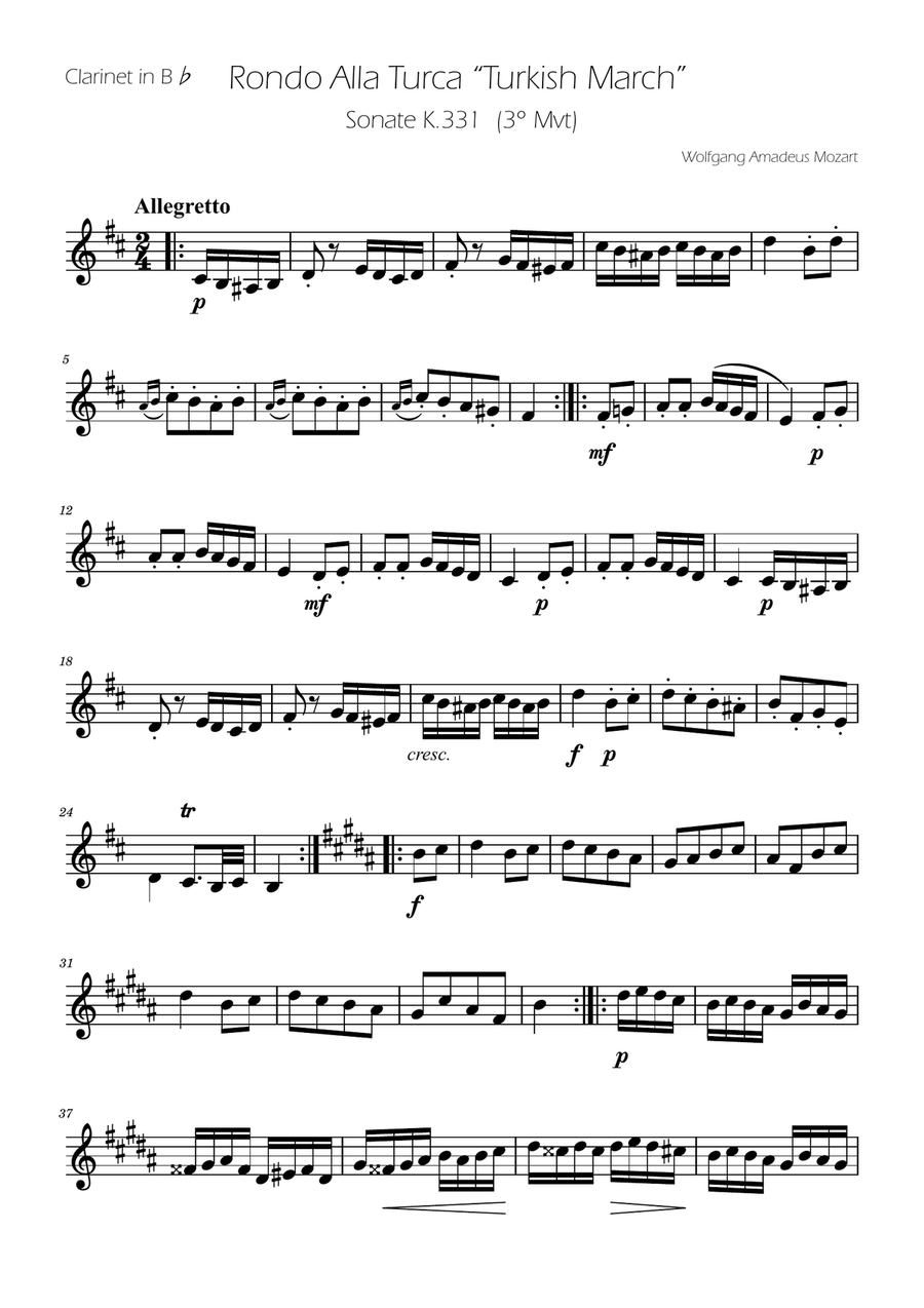Turkish March - Clarinet Solo B-Flat Clarinet scores gallery preview page 1