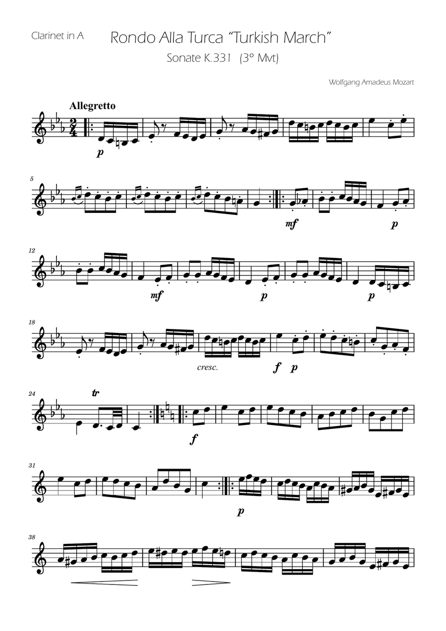 Turkish March - Clarinet in A Solo A Clarinet scores gallery preview page 1