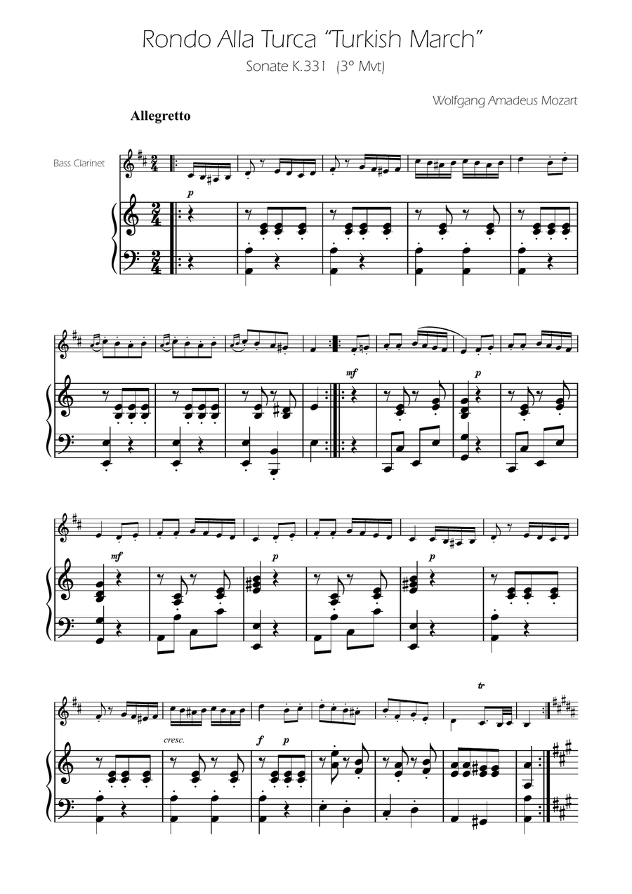 Turkish March - Bass Clarinet Solo w/ Piano Bass Clarinet scores gallery preview page 1