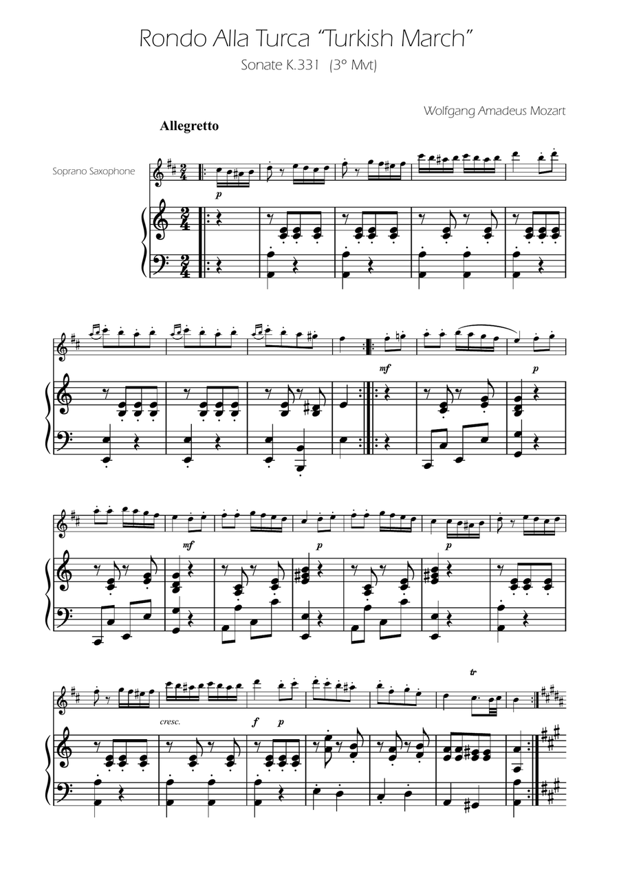 Turkish March - Soprano Sax Solo w/ Piano Soprano Saxophone scores gallery preview page 1