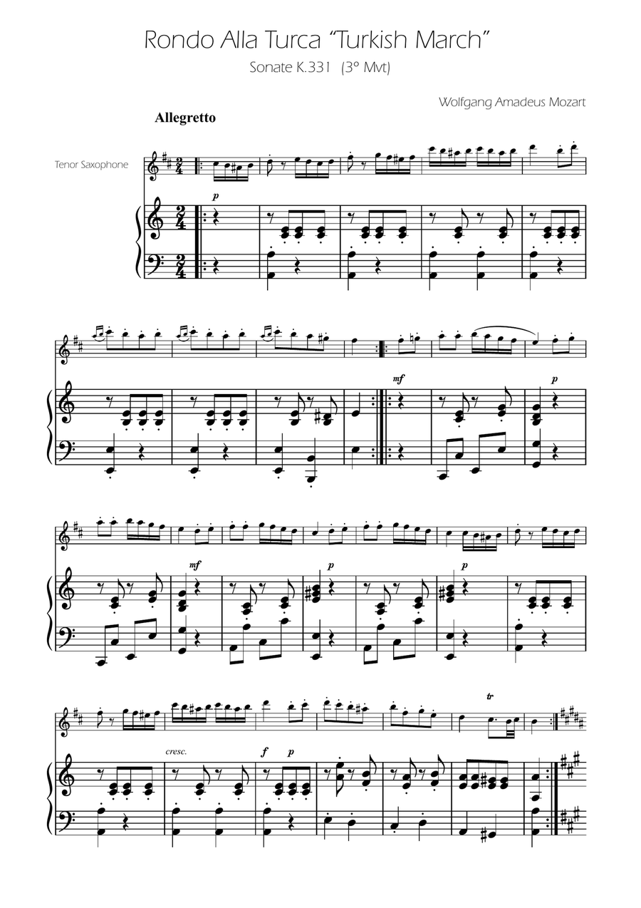 Turkish March - Tenor Sax Solo w/ Piano Tenor Saxophone scores gallery preview page 1