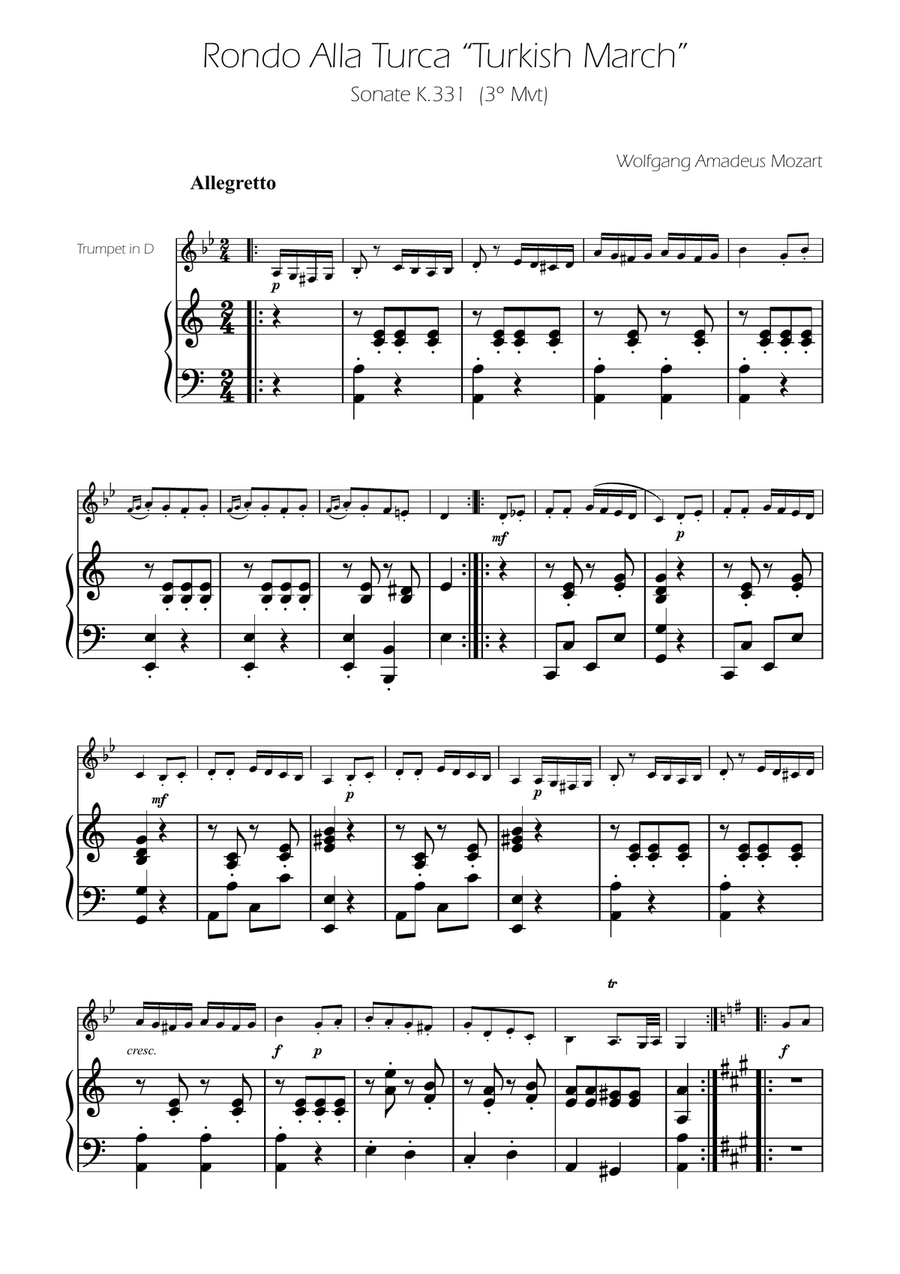 Turkish March - Trumpet in D Solo w/ Piano Trumpet Solo scores gallery preview page 1