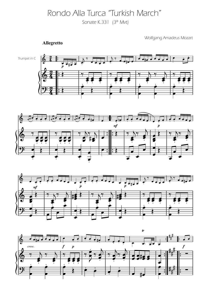 Turkish March - Trumpet in C Solo w/ Piano C Trumpet scores gallery preview page 1