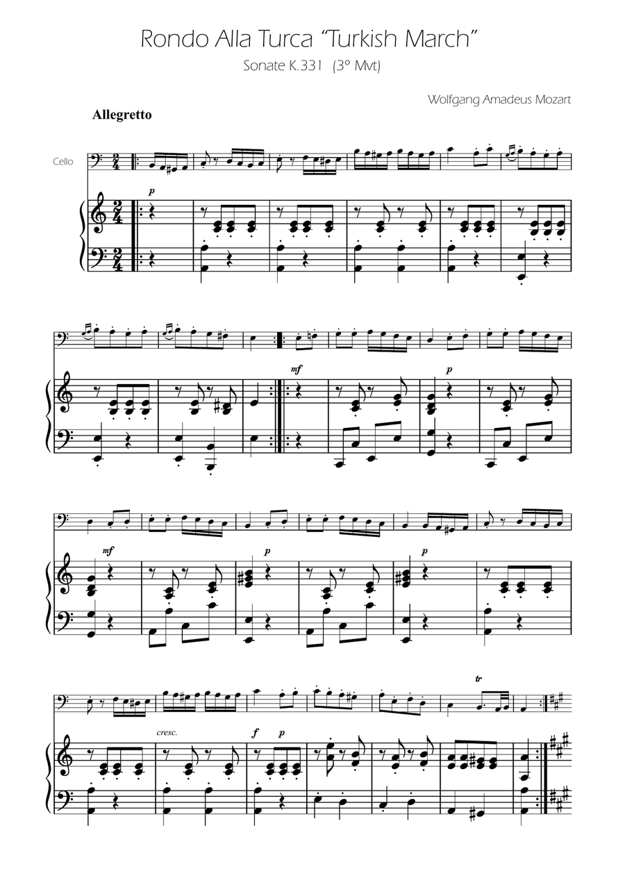 Turkish March - Cello Solo w/ Piano Piano scores gallery preview page 1