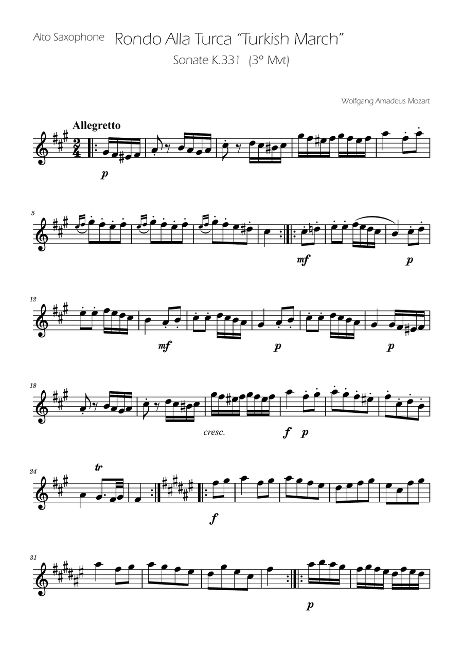 Turkish March - Alto Sax Solo Alto Saxophone scores gallery preview page 1