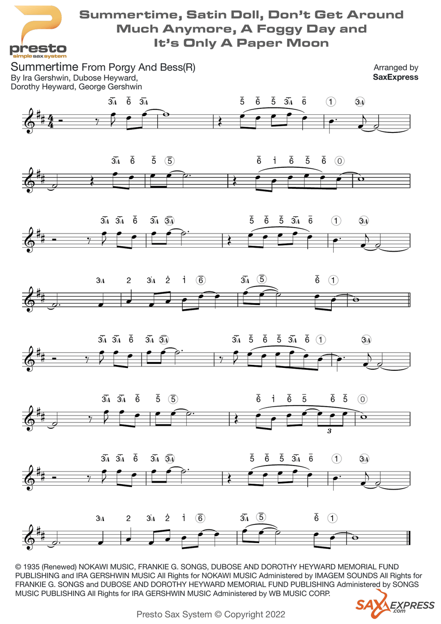 Medley: Summertime with Satin Doll, Don't Get Around Much Anymore, A Foggy Day (In London Town), ... Saxophone scores gallery preview page 1