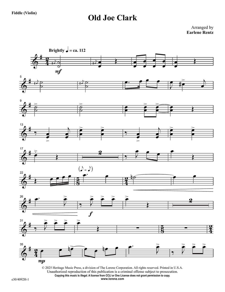Old Joe Clark - Downloadable Fiddle Part Choir scores gallery preview page 1