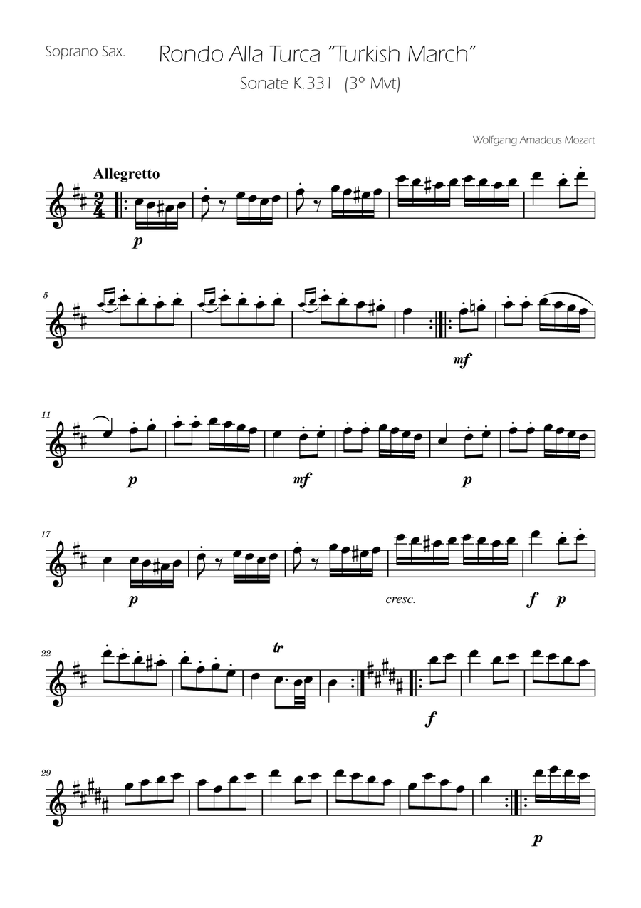 Turkish March - Soprano Sax Solo Soprano Saxophone scores gallery preview page 1