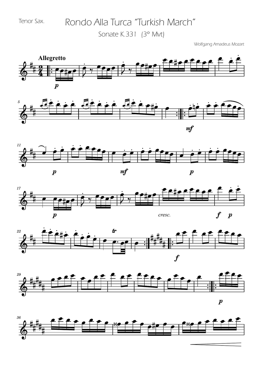 Turkish March - Tenor Sax Solo Tenor Saxophone scores gallery preview page 1