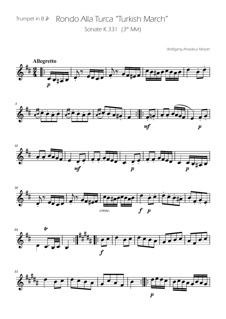Turkish March - Trumpet Solo B-Flat Trumpet scores gallery preview page 1