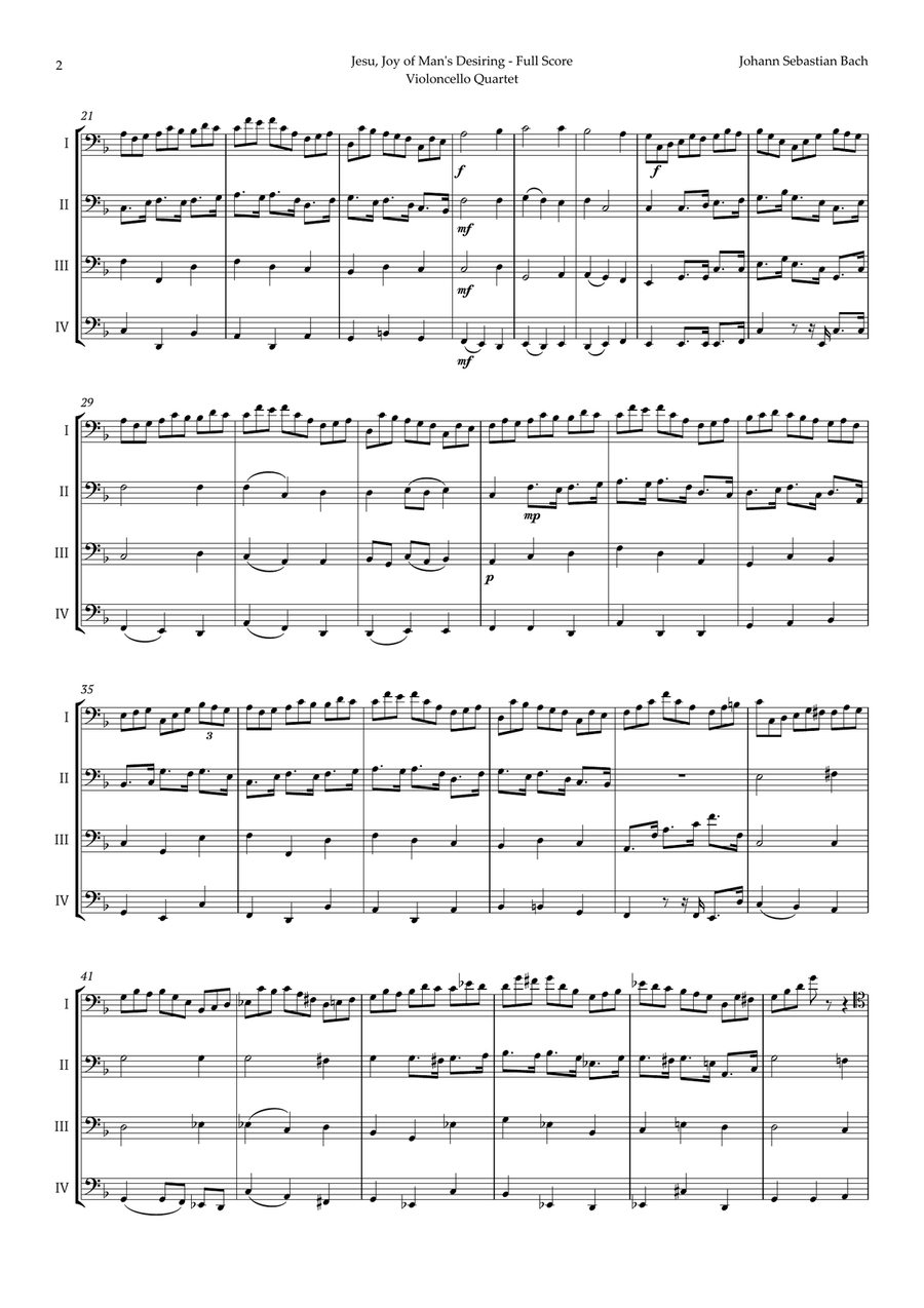 Jesu, Joy of Man's Desiring by Bach for Violoncello Quartet String Quartet scores gallery preview page 2