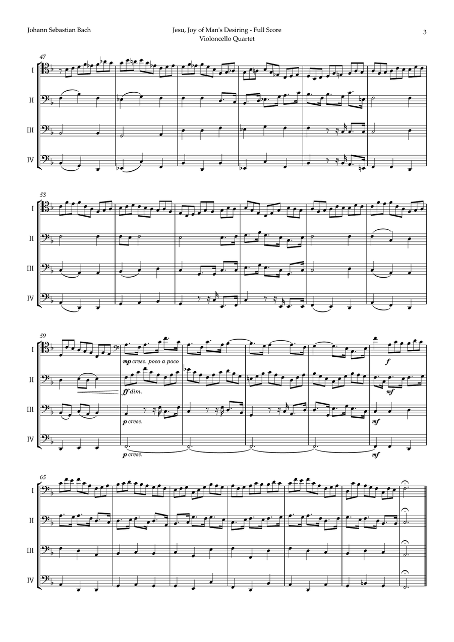 Jesu, Joy of Man's Desiring by Bach for Violoncello Quartet String Quartet scores gallery preview page 3
