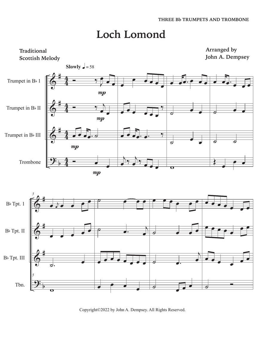 Loch Lomond (Brass Quartet): Three Trumpets and Trombone Brass Quartet scores gallery preview page 5