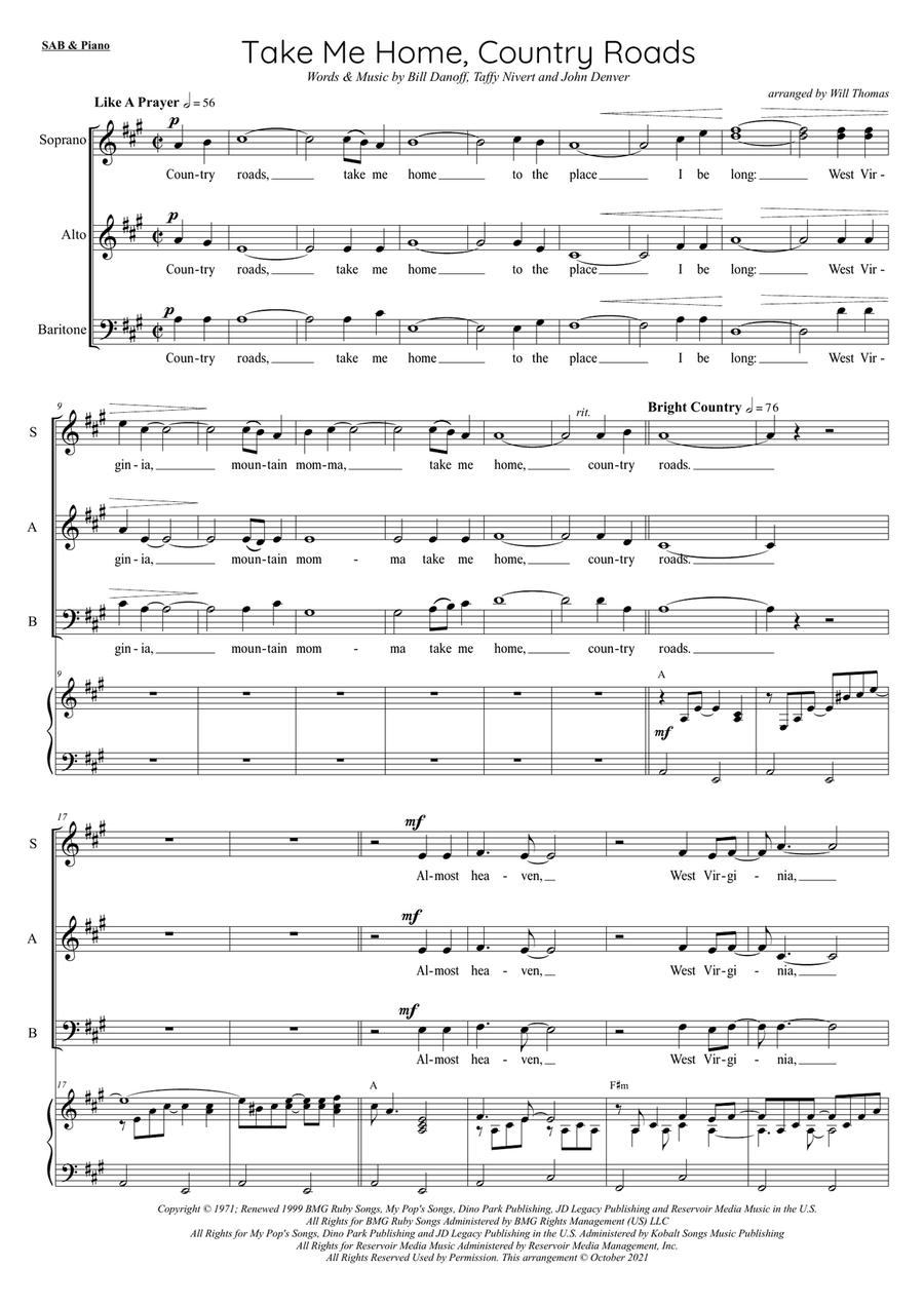 Take Me Home, Country Roads 3-Part scores gallery preview page 1