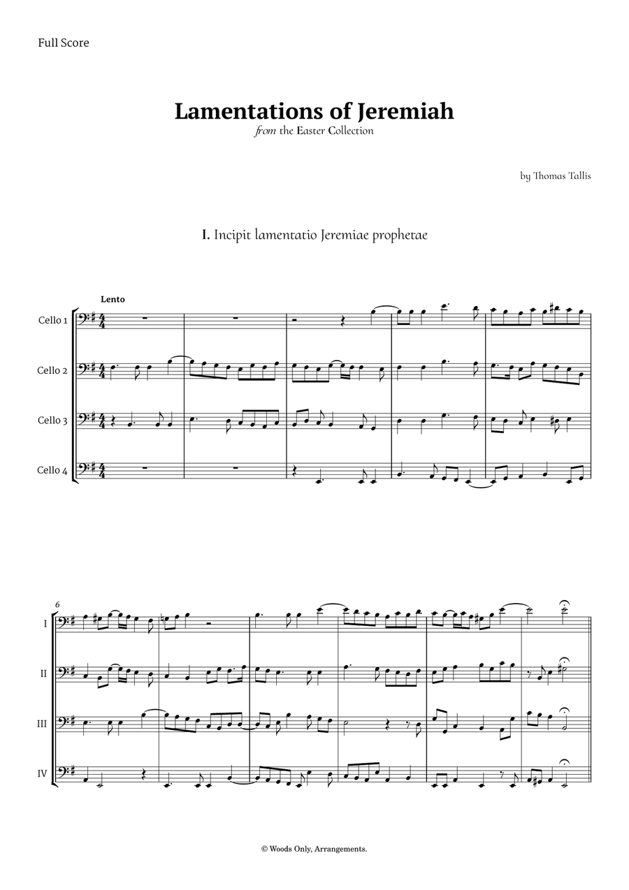 Lamentations of Jeremiah by Thomas Tallis for Violoncello Quartet String Quartet scores gallery preview page 1
