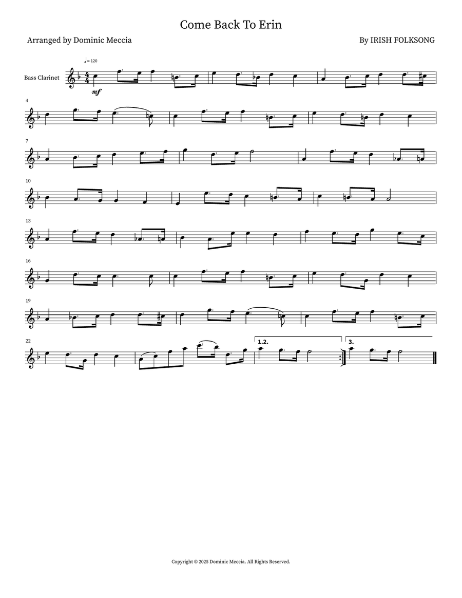 Come Back To Erin Come Back To Erin Bass Clarinet scores gallery preview page 1