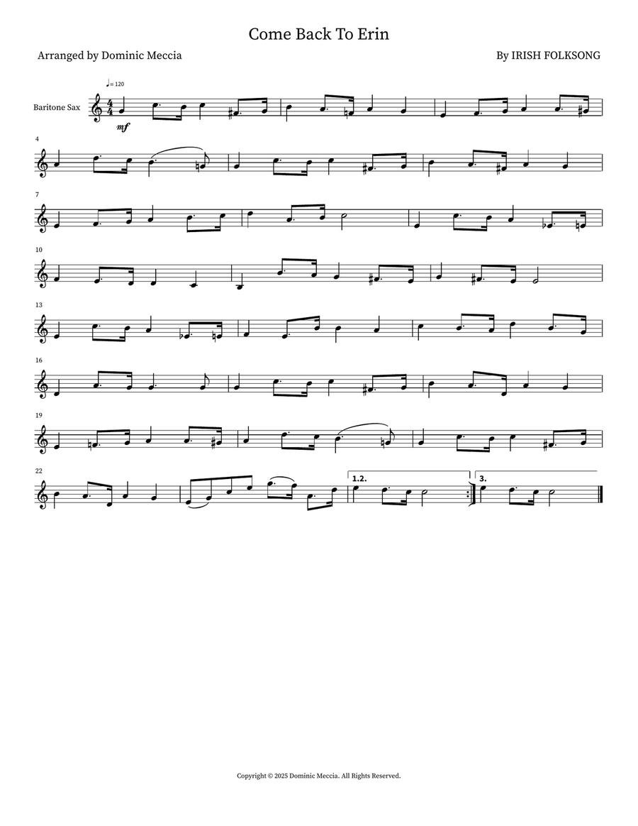 Come Back To Erin Come Back To Erin Baritone Saxophone scores gallery preview page 1