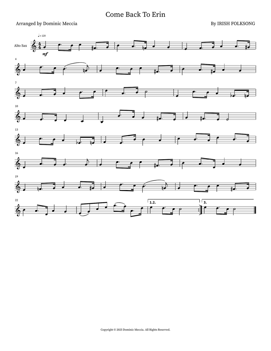 Come Back To Erin Come Back To Erin Alto Saxophone scores gallery preview page 1