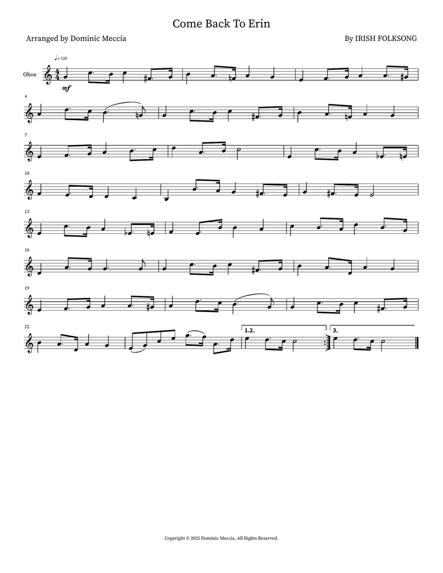 Come Back To Erin Come Back To Erin Oboe Solo scores gallery preview page 1