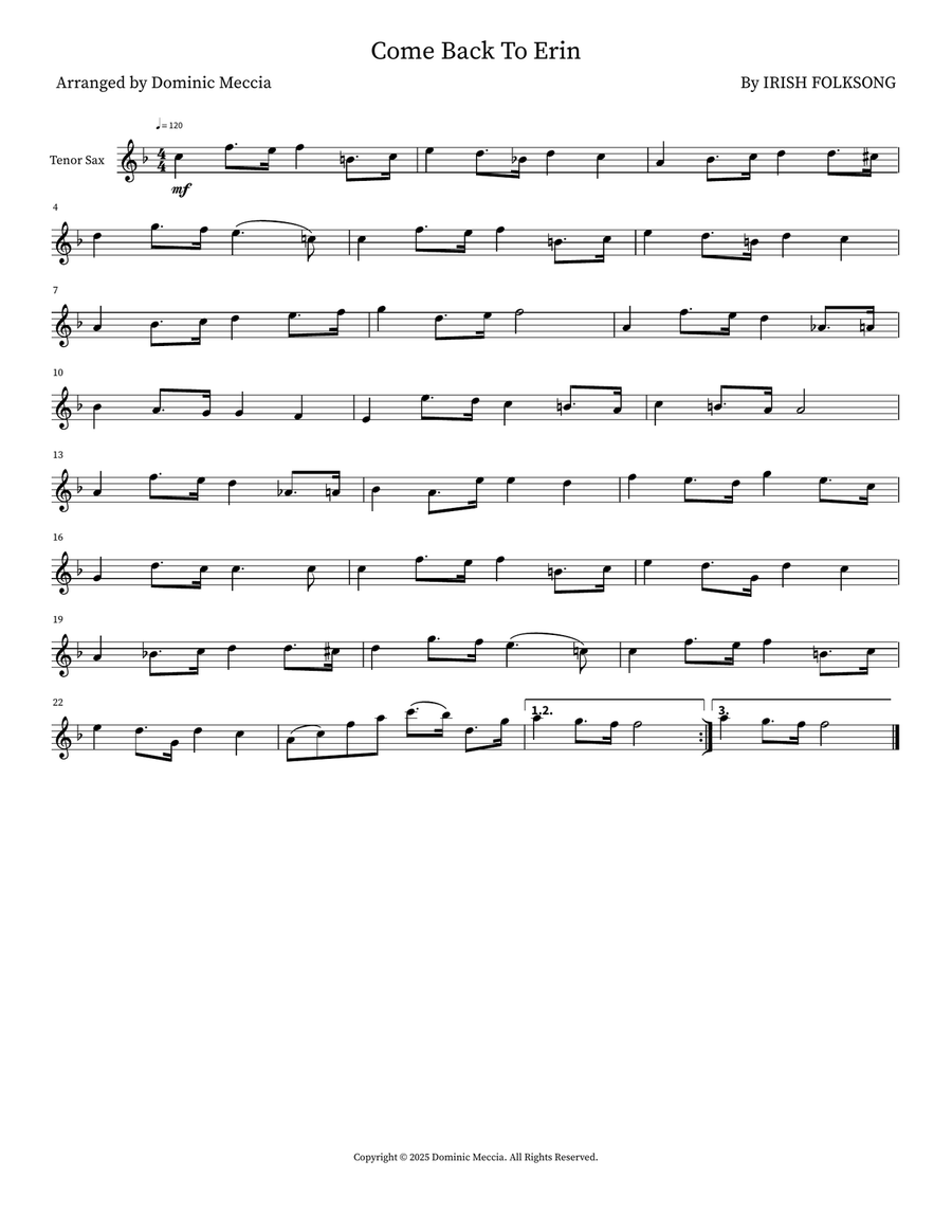 Come Back To Erin Come Back To Erin Tenor Saxophone scores gallery preview page 1
