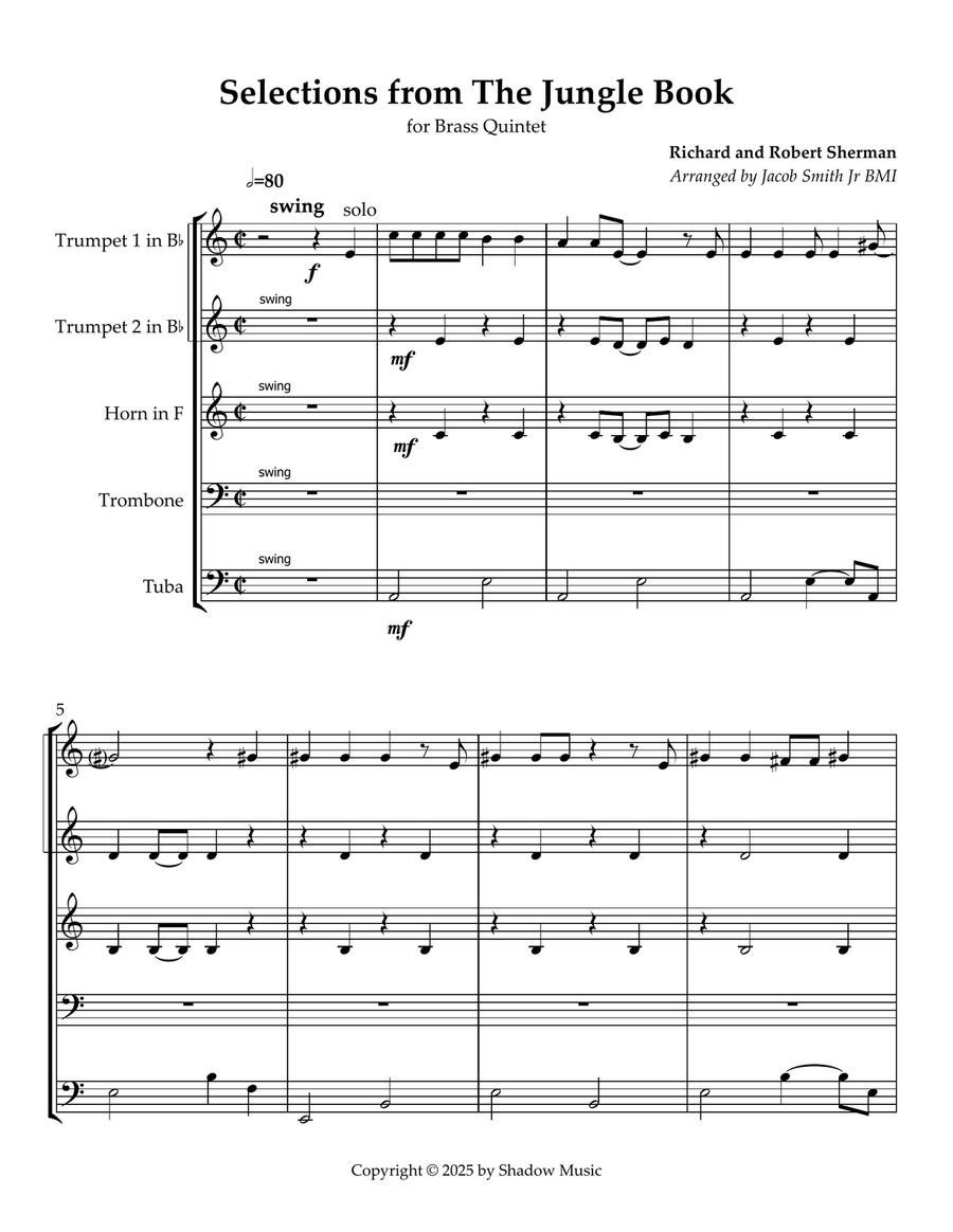 Medley: I Wan'na Be Like You (The Monkey Song) with My Own Home (Jungle Book Theme) and The Bare ... Brass Quintet scores gallery preview page 1