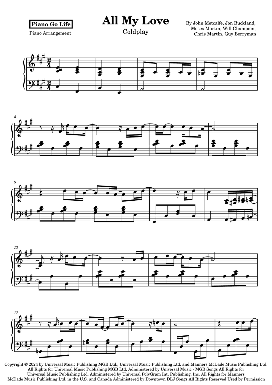 All My Love Piano Solo scores gallery preview page 1