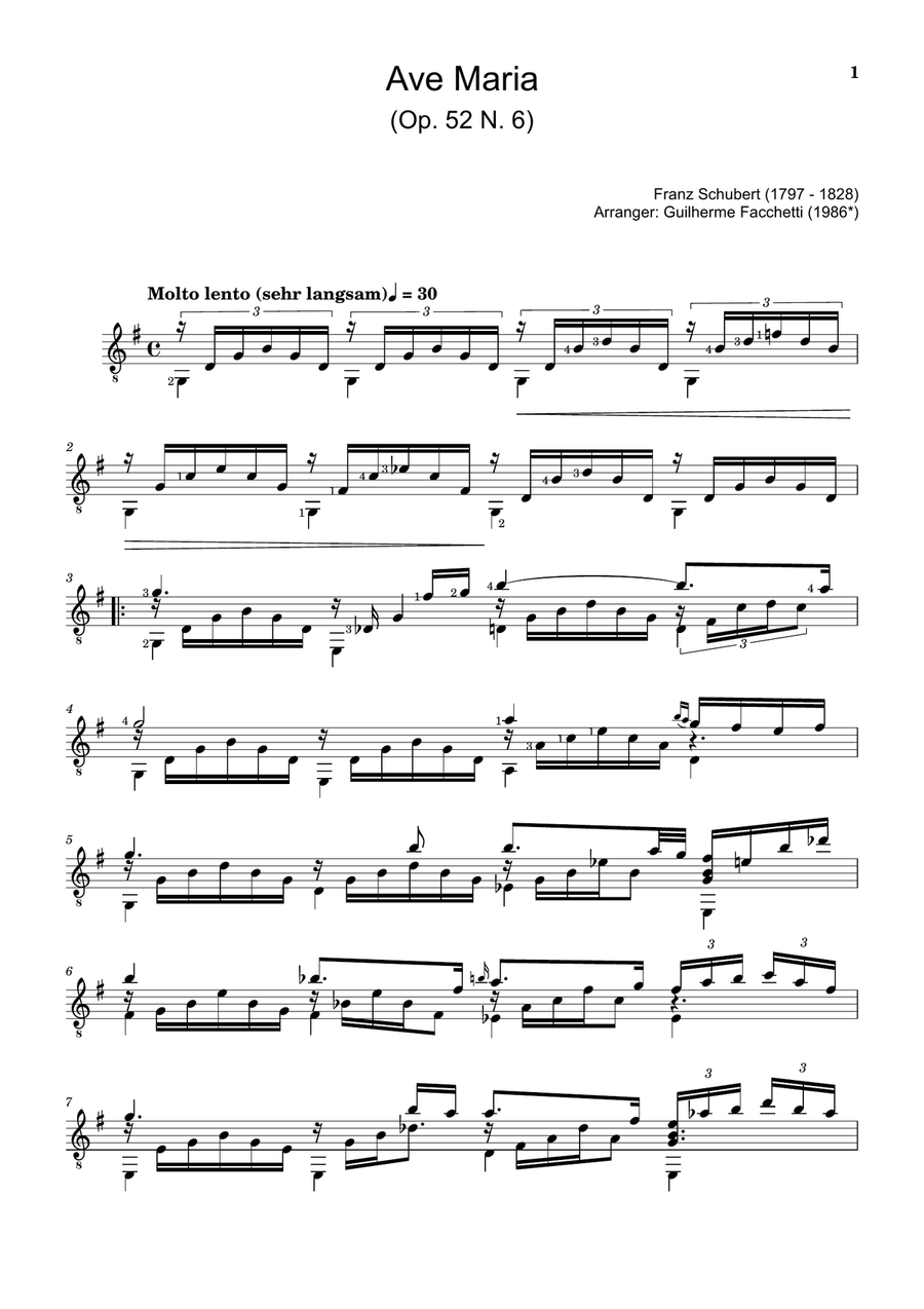 Ave Maria by F. Schubert – Arranged for Classical Guitar Acoustic Guitar scores gallery preview page 1