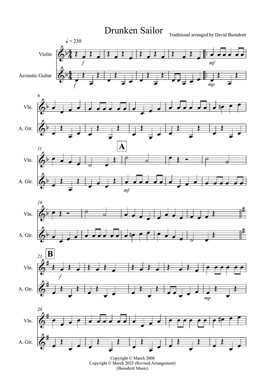 Drunken Sailor for Violin and Guitar Duet String Duet scores gallery preview page 1